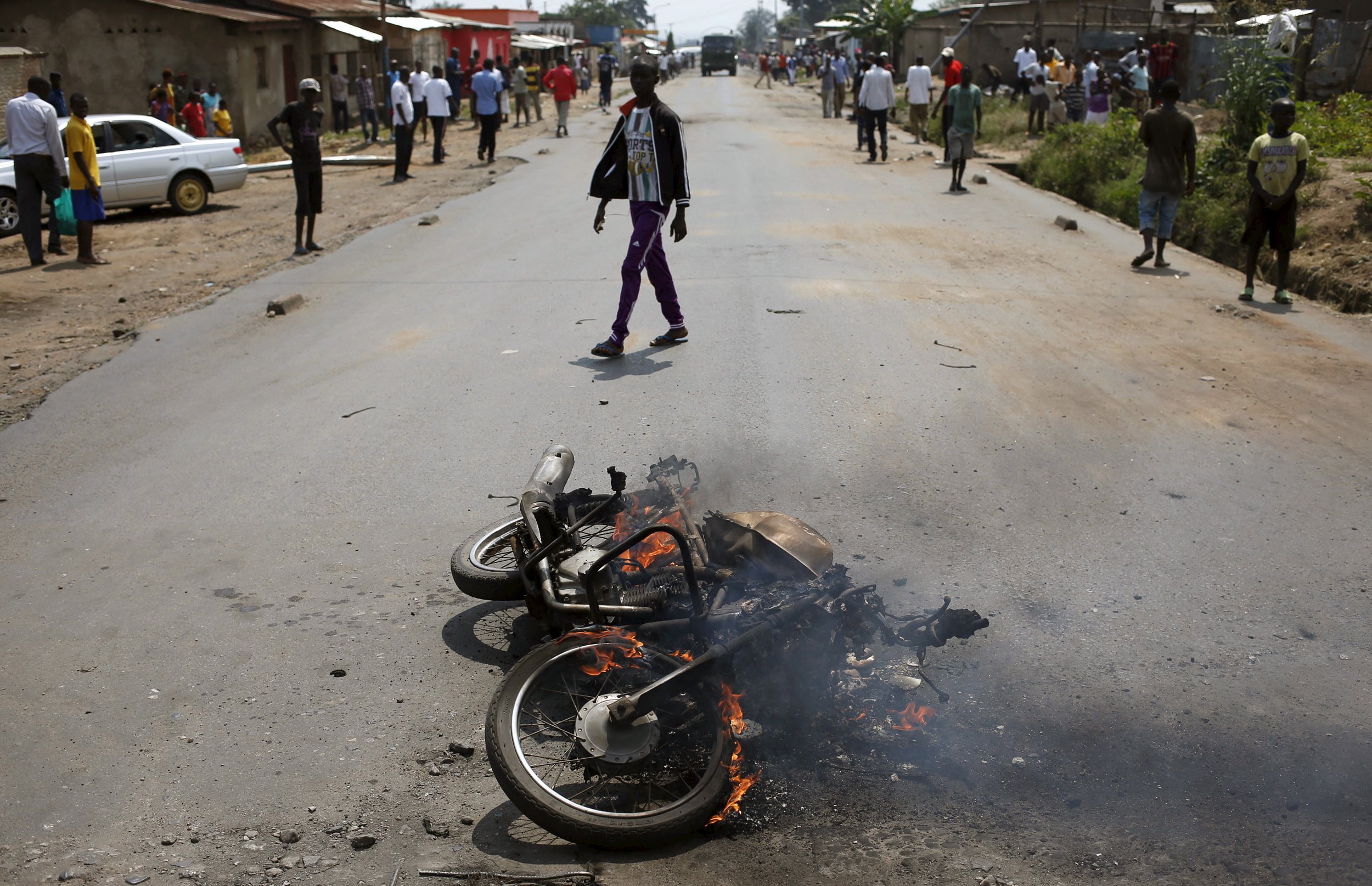 A motorbike is seen burning in Bujumbura, Burundi.