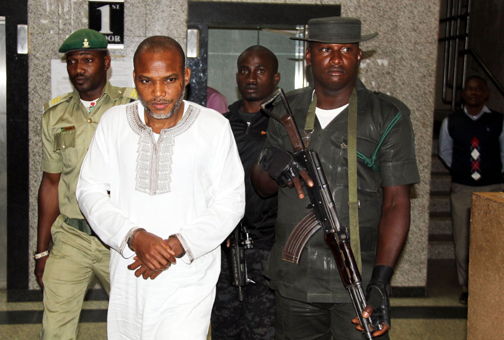 Biafran activist Nnamdi Kanu attends his trial in Abuja.