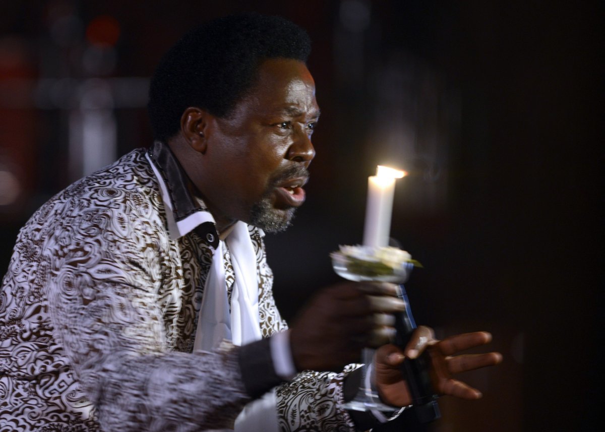 Nigerian pastor TB Joshua speaks at a memorial service.