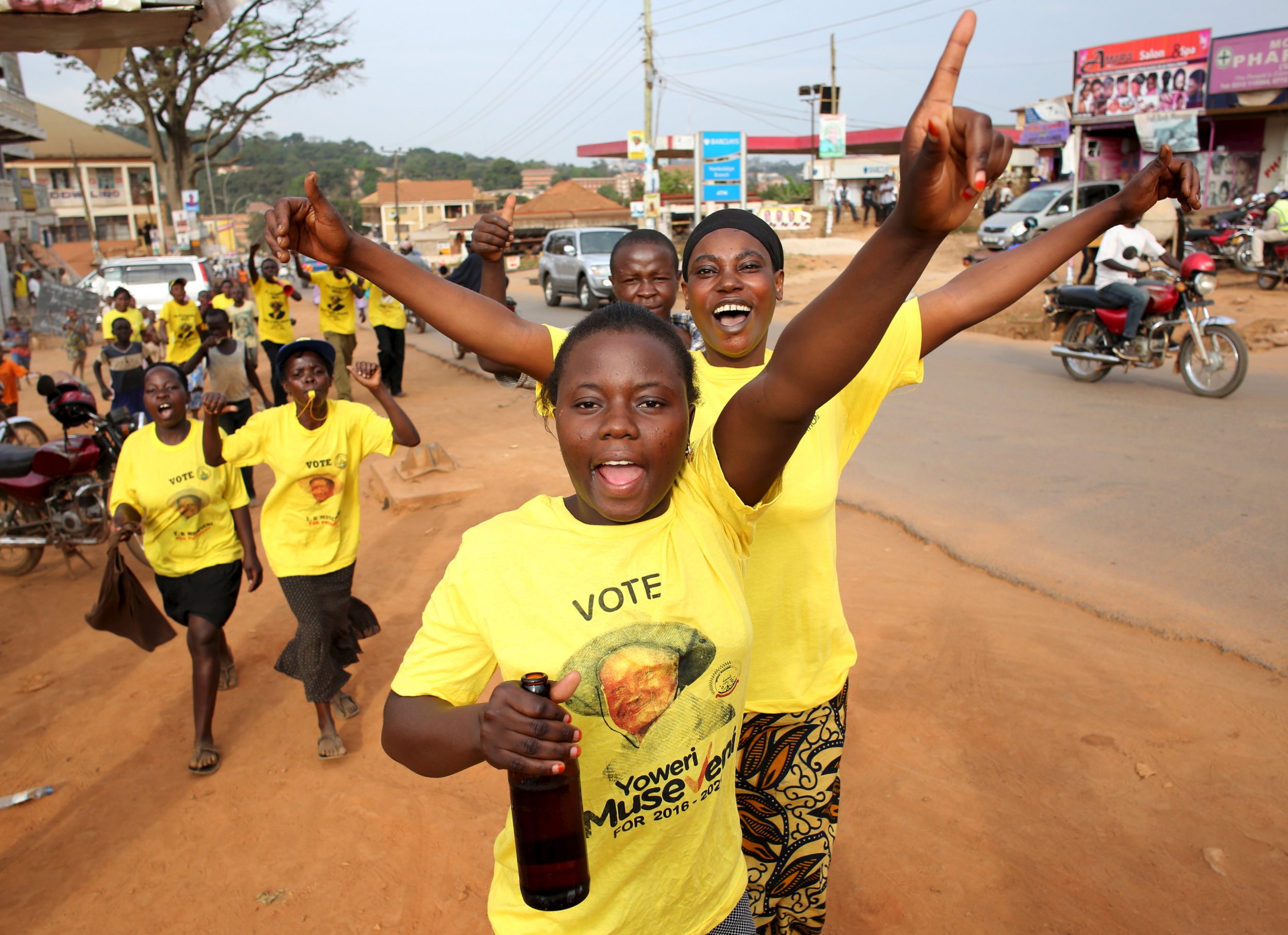 Yoweri Museveni supporters celebrate his election victory in Kampala.
