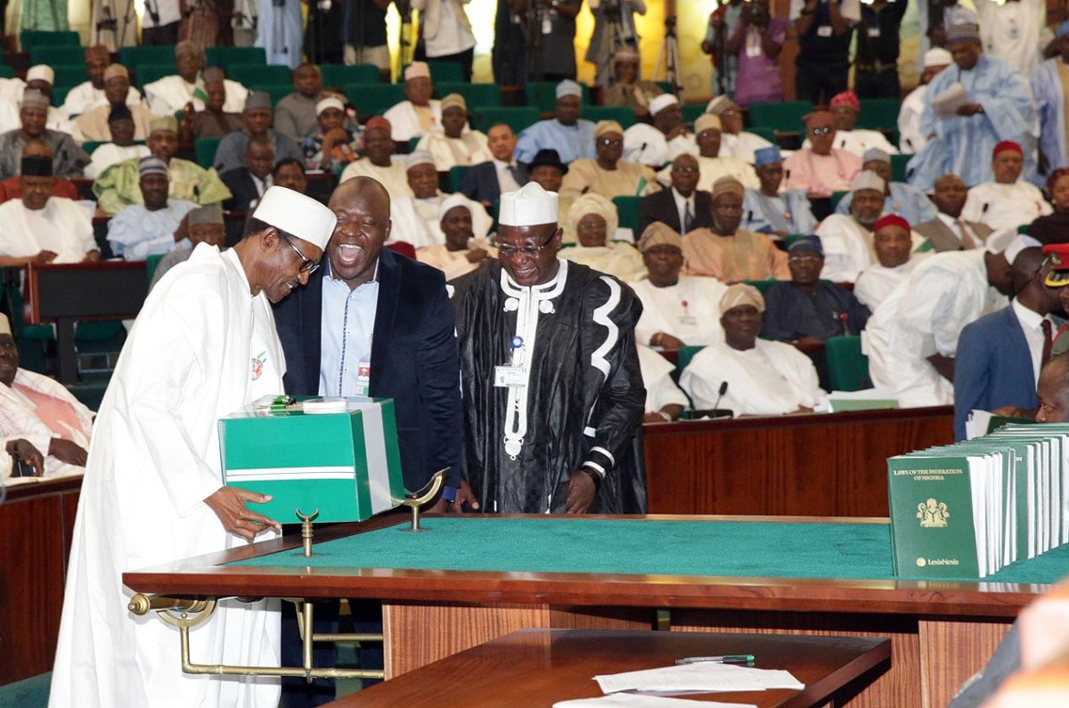 Nigerian President Muhammadu Buhari presents the budget to the Senate in Abuja.