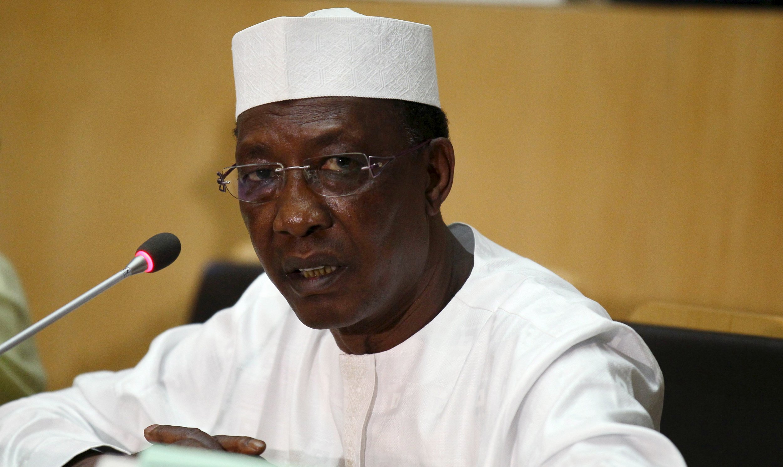 Chadian President Idriss Deby speaks at the African Union summit in Addis Ababa.