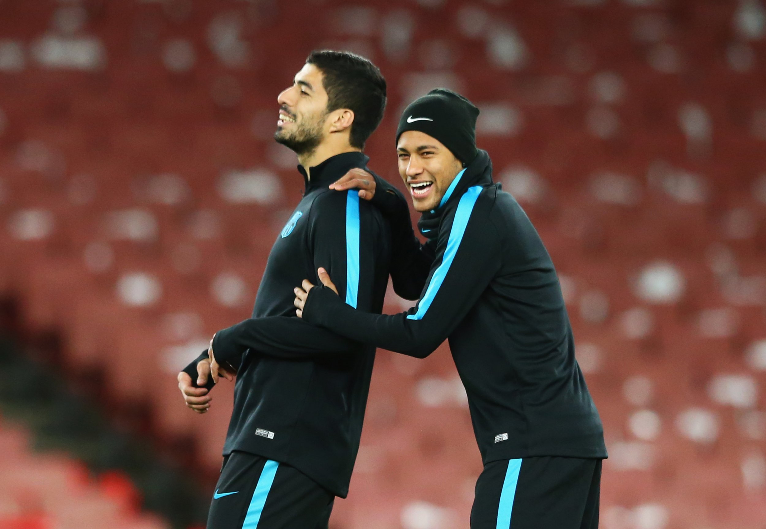 Luis Suarez, right, and Nemyar in Barcelona training.