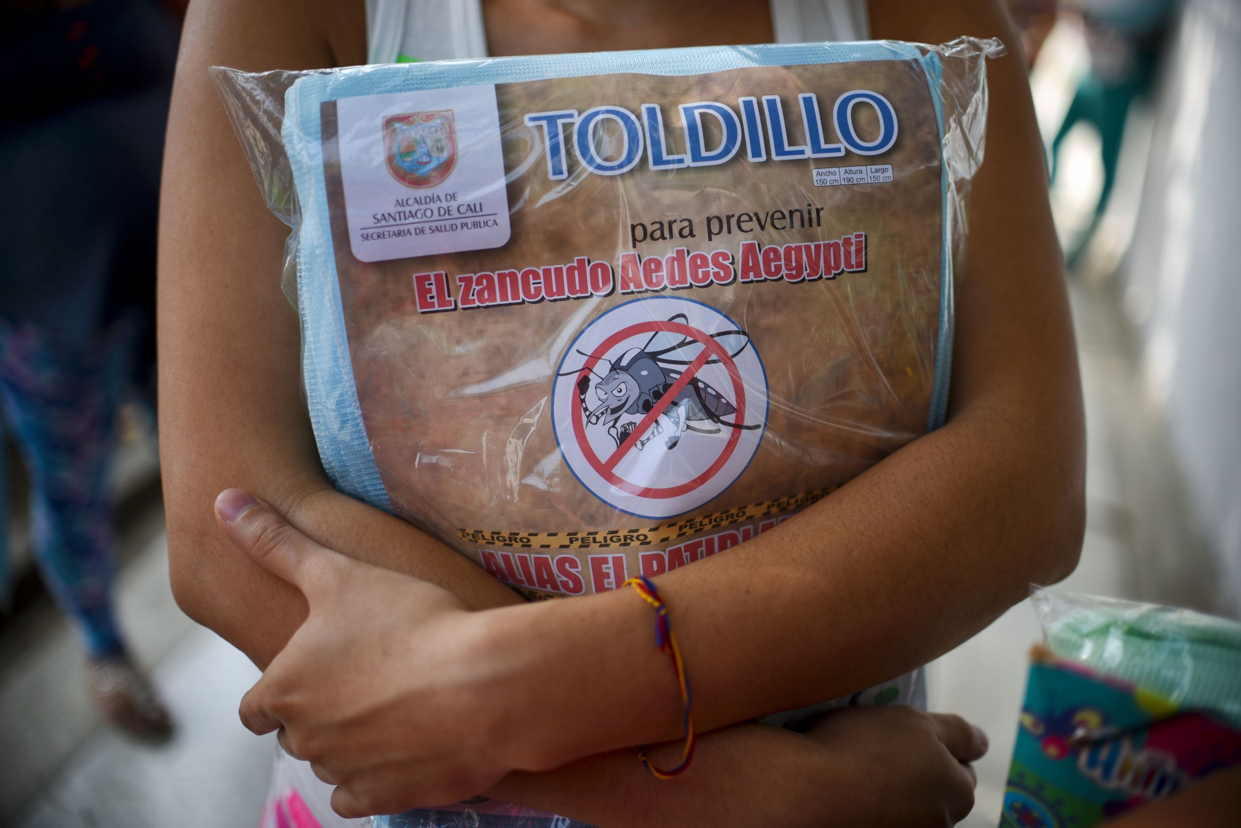 A pregnant woman in Colombia holds a mosquito net.