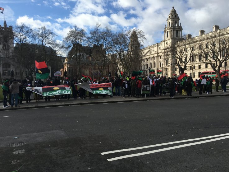 Pro-Biafra demonstrators gather in London. Pro-Biafra demonstrators gather in London.