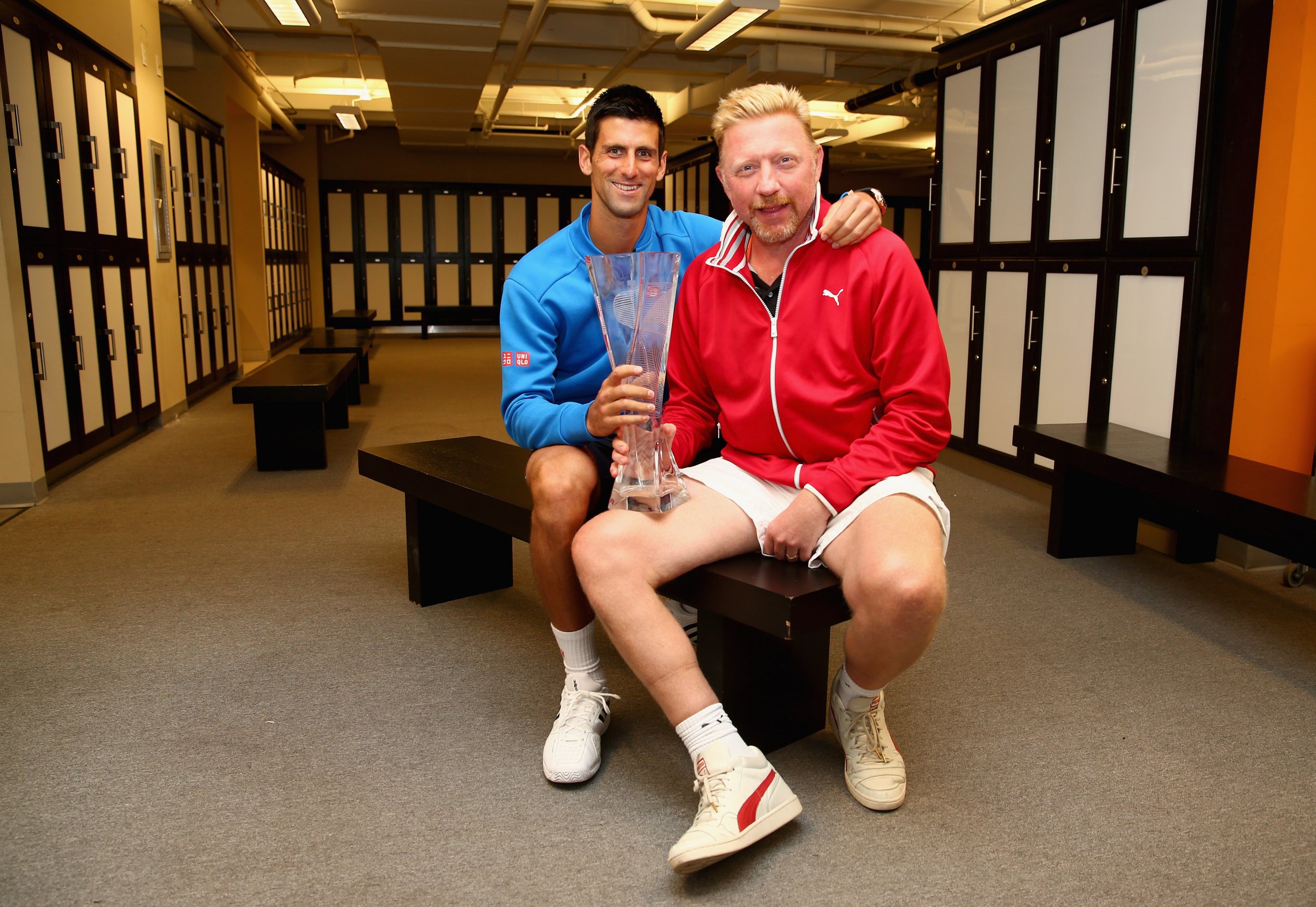 Boris Becker watches Serbia's Novak Djokovic in his Semi Final match  against Bulgaria's Grigor Dimitrov on Centre Court during day twelve of the  Wimbledon Championships at the All England Lawn Tennis and