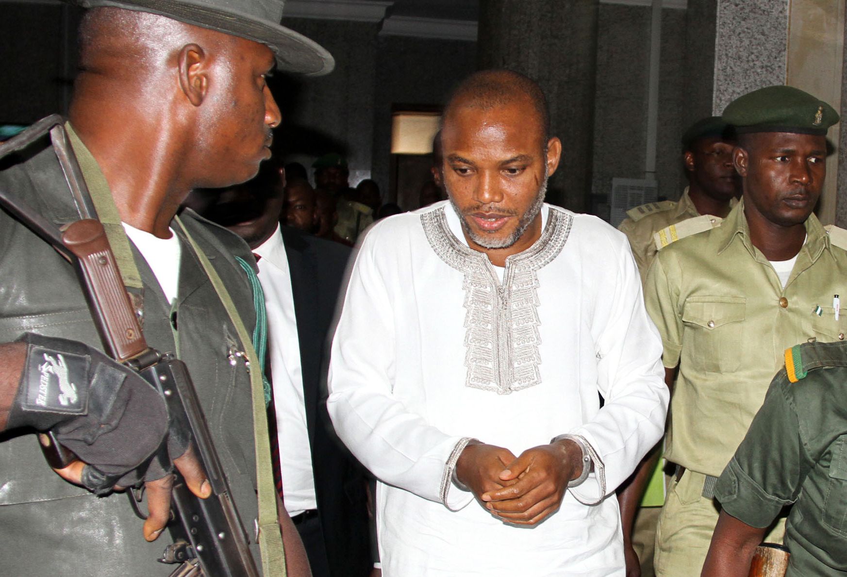 Biafra activist Nnamdi Kanu attends his trial in Abuja.