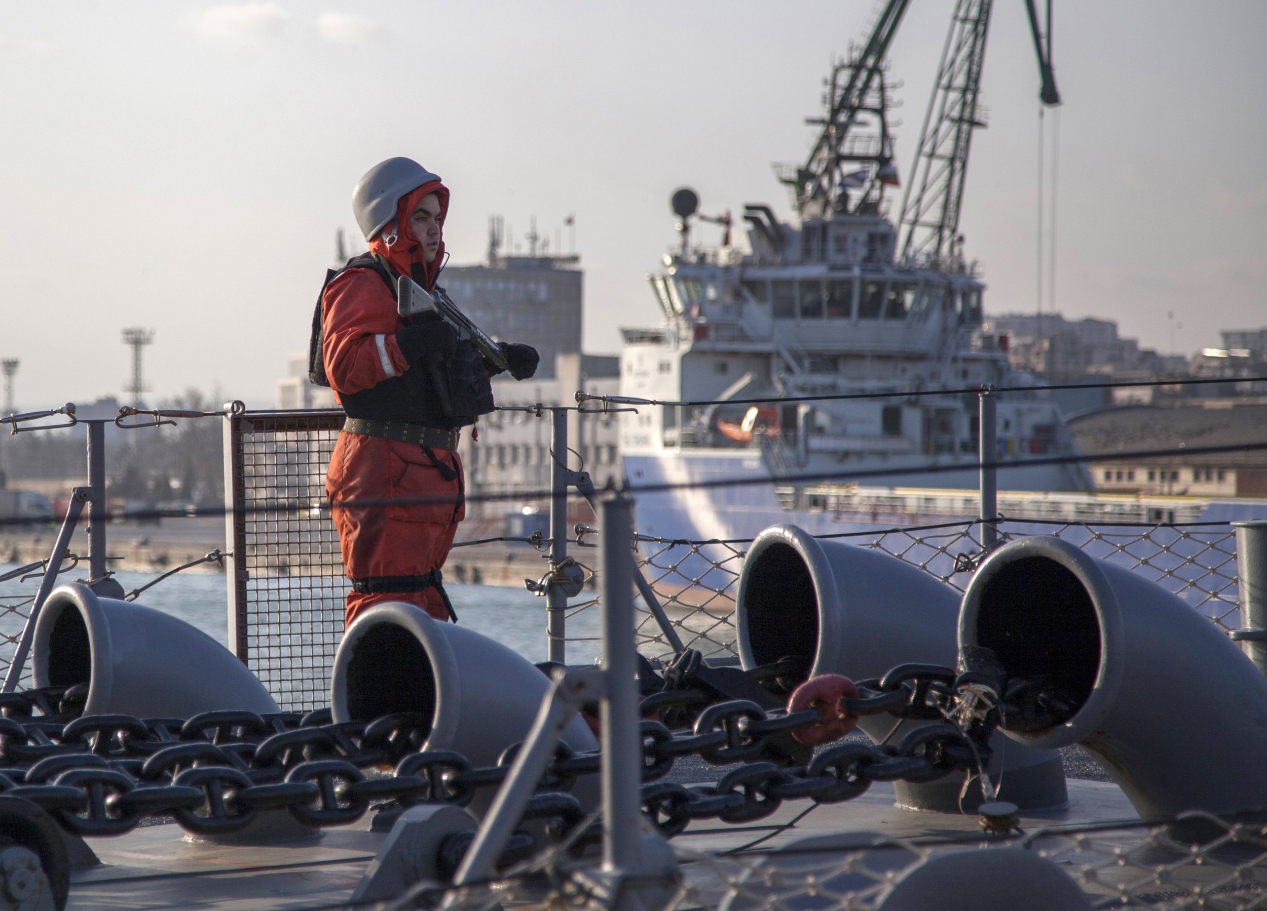 Soldier stands on Turkish Black Sea ship