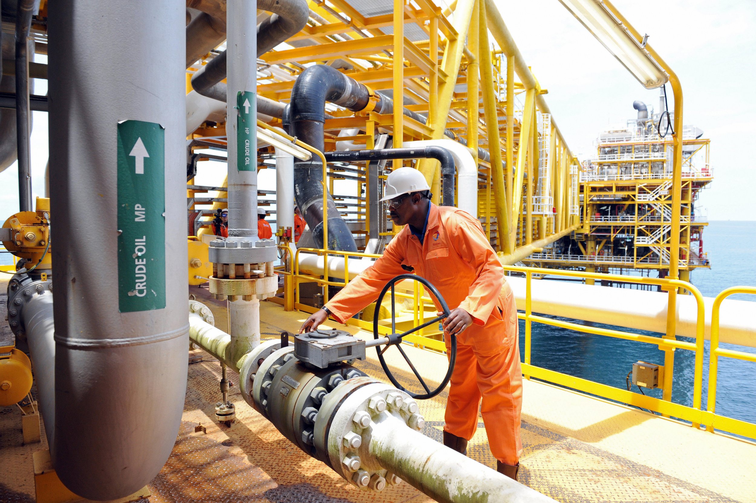 An oil worker on a platform off Port Harcourt, Nigeria.