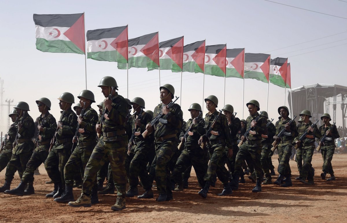 Soldiers from the Sahrawi People's Liberation Army parade in Western Sahara.