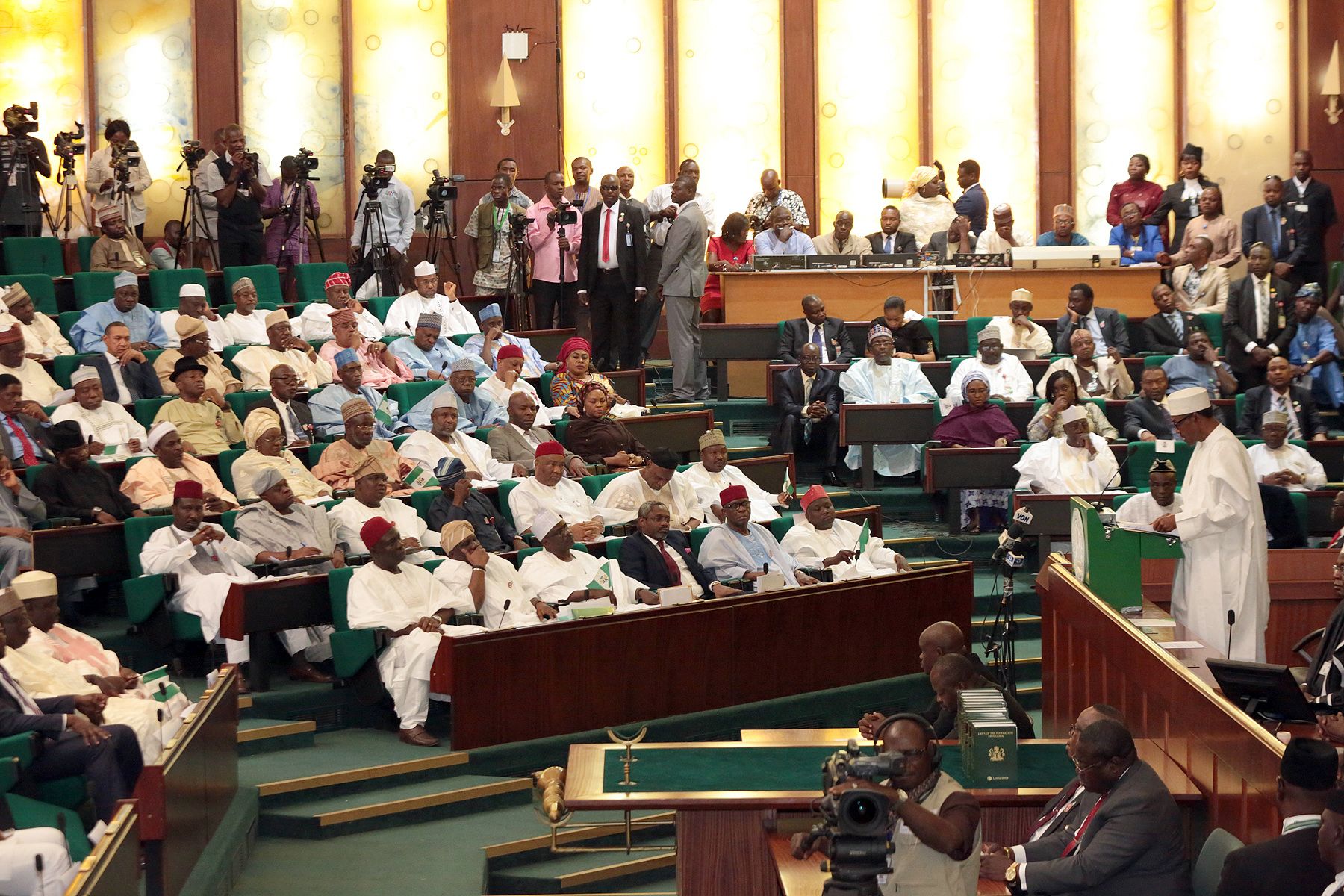 Nigerian President Muhammadu Buhari talks after delivering his budget.