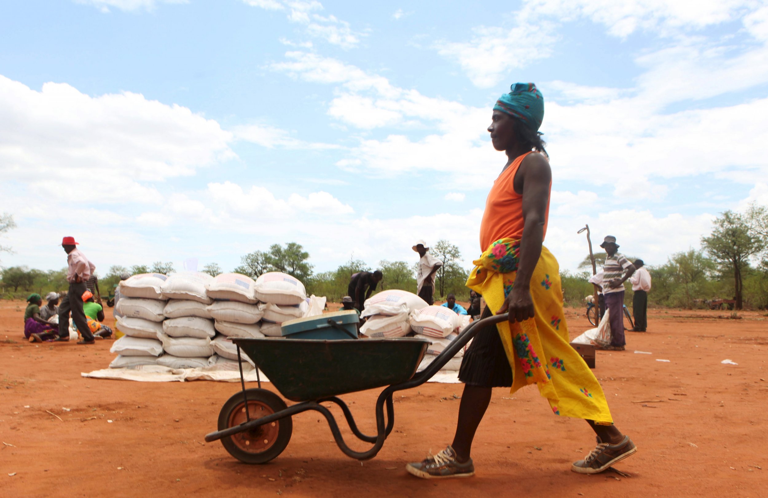 A Zimbabwean villager collects food rations from the U.N. World Food Program.