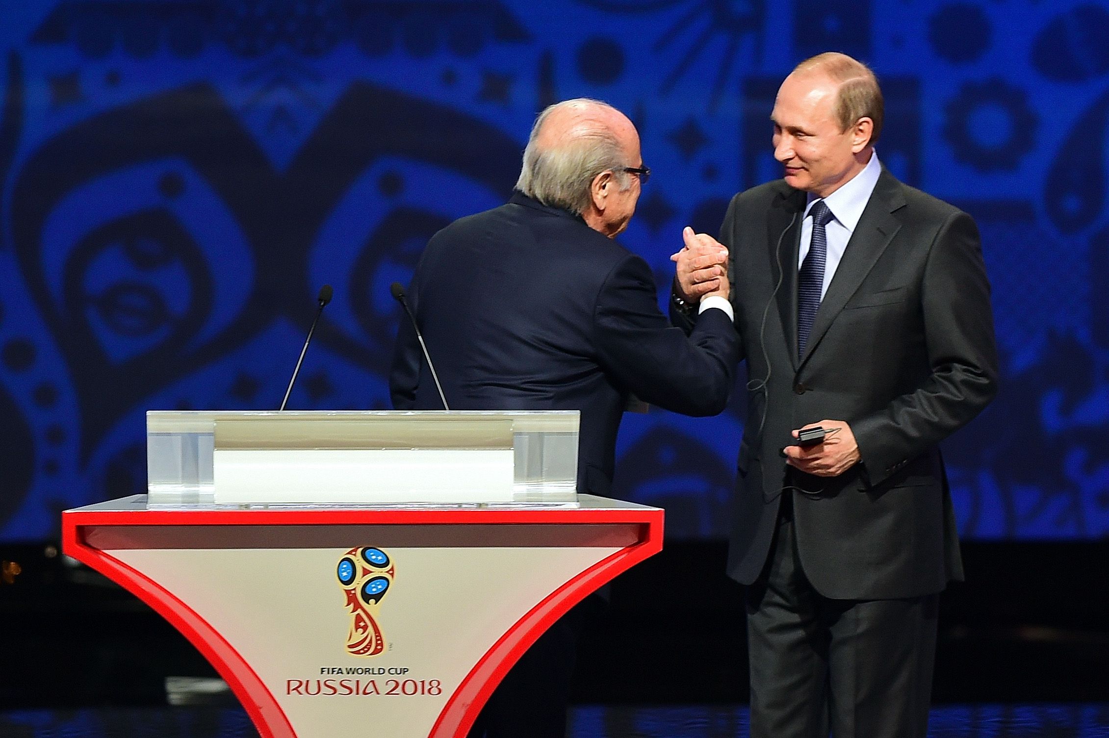 Former FIFA President Sepp Blatter with Russian President Vladimir Putin in St Petersburg, July 2015.