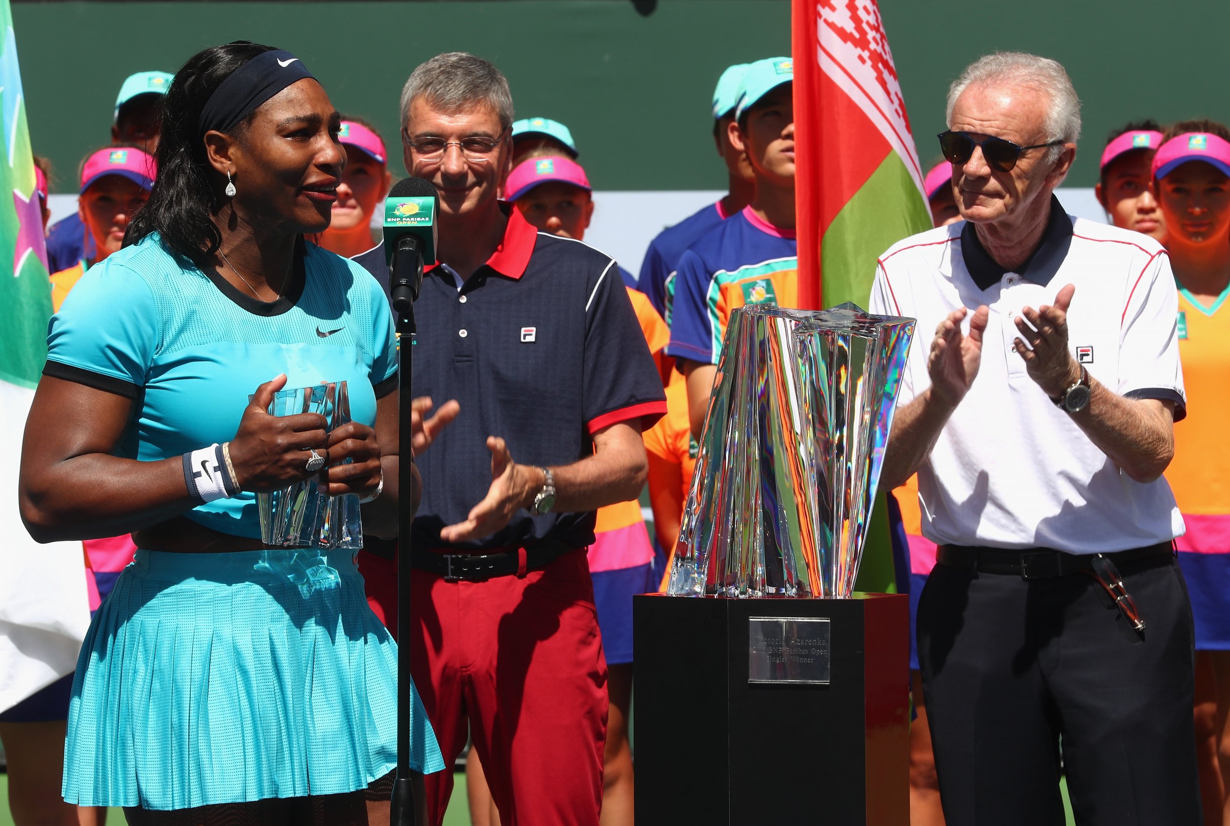 Serena Williams, left, has reacted to comments made by Indian Wells tournament director Raymond Moore.