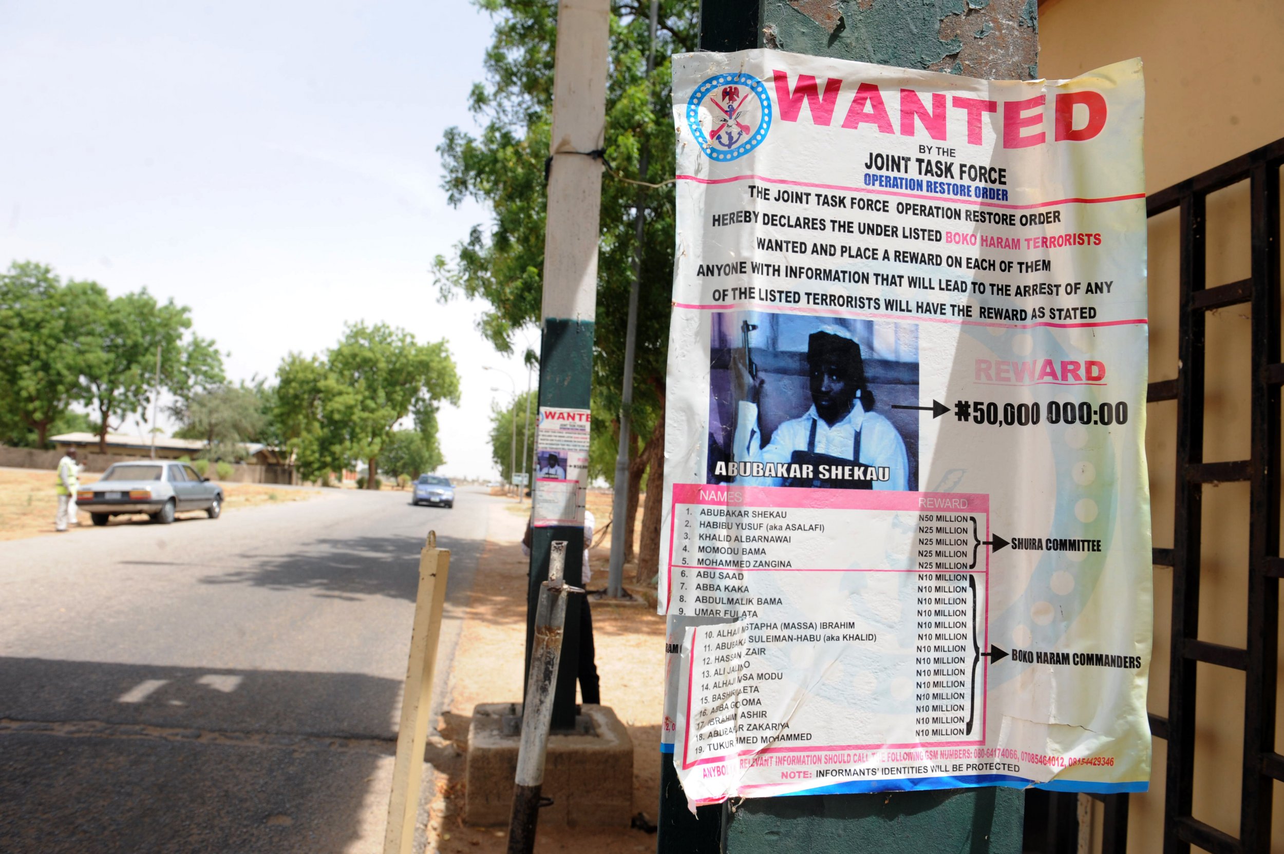 A wanted poster for Boko Haram leader Abubakar Shekau in Maiduguri.