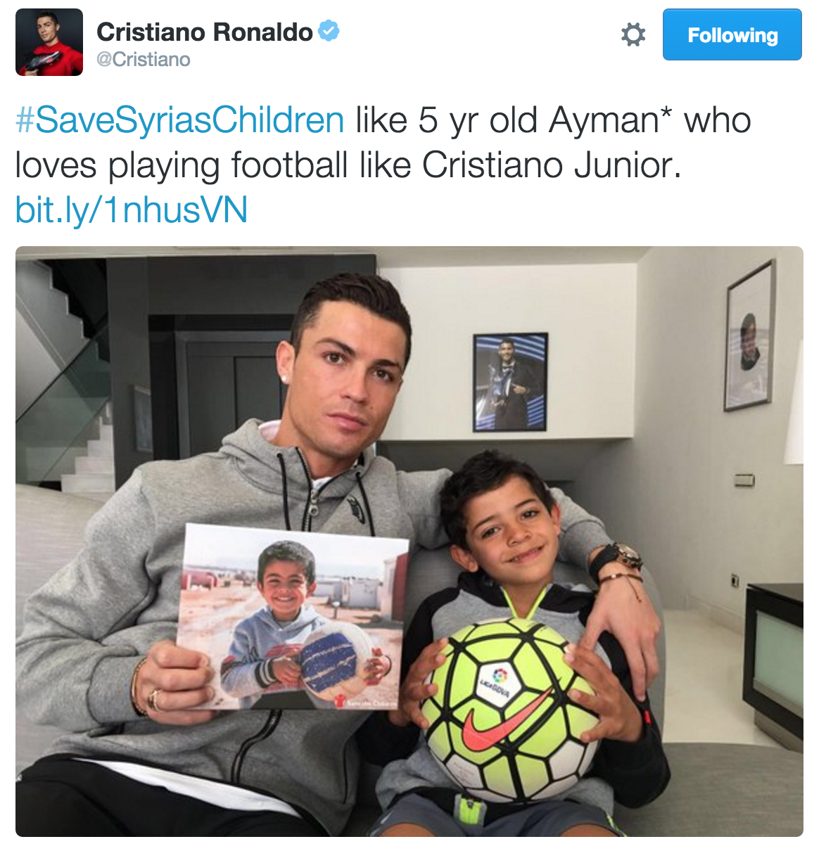 Cristiano Ronaldo heard about and publicized the story of Ayman, a five-year-old Syrian refugee.