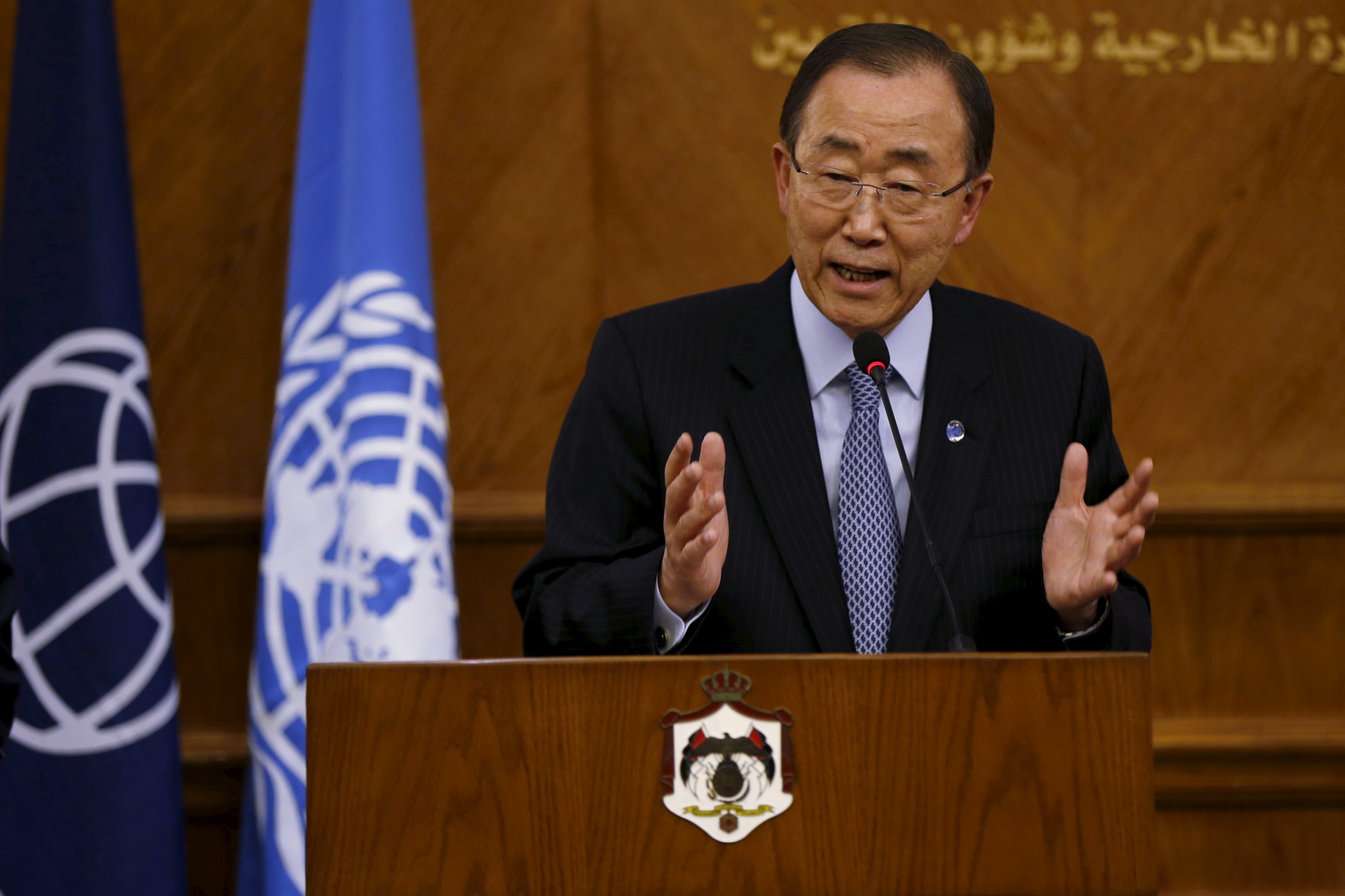 U.N. Secretary-General Ban Ki-moon addresses a press conference in Amman, Jordan.