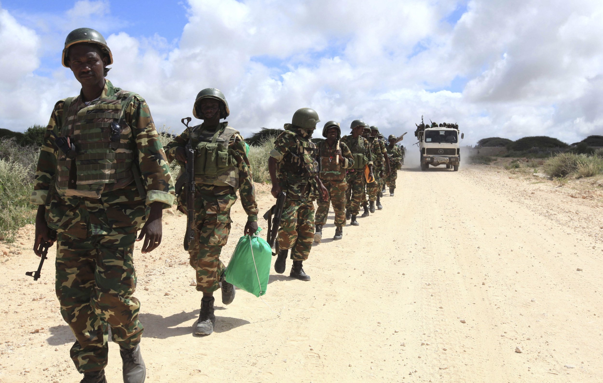 African Union soldiers patrol near Mogadishu.