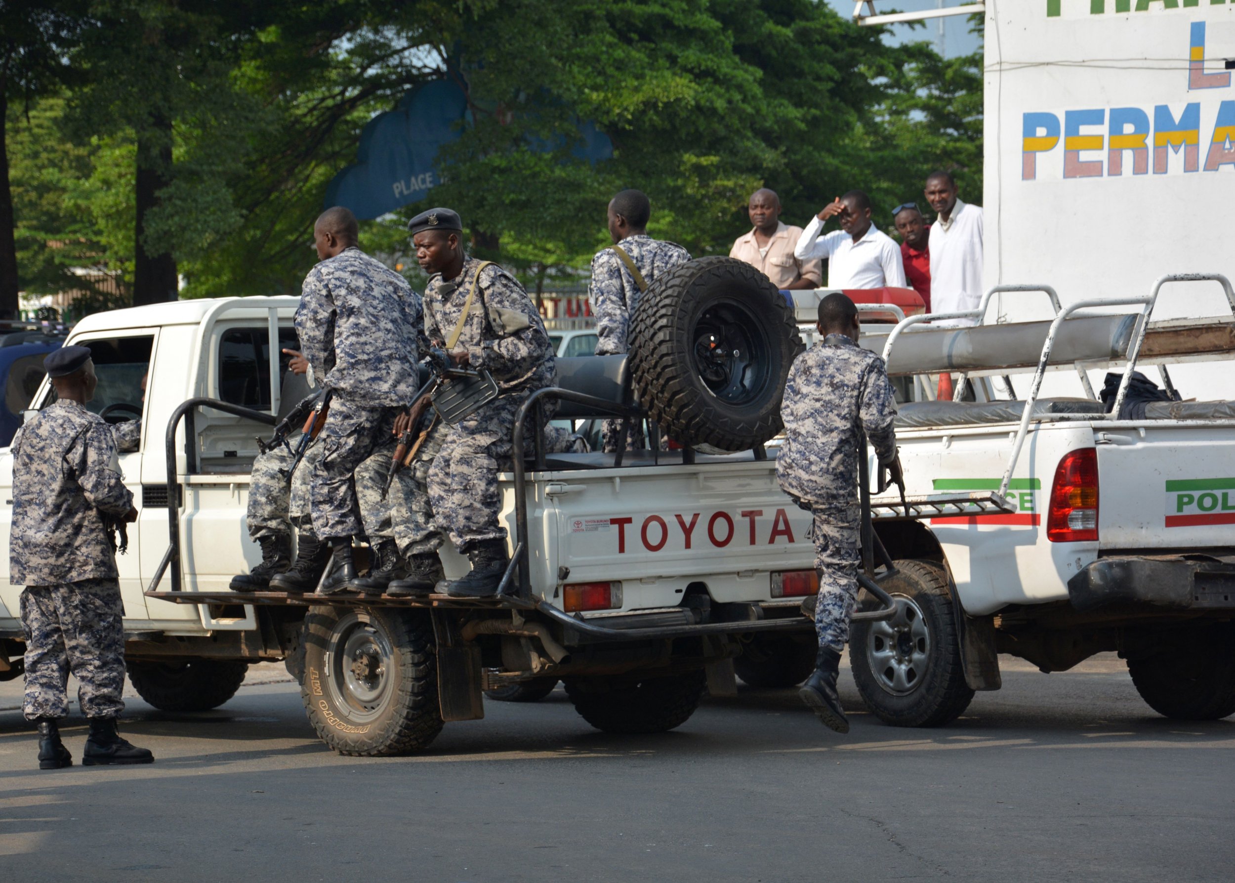 Burundi policemen patrol in Bujumbura.