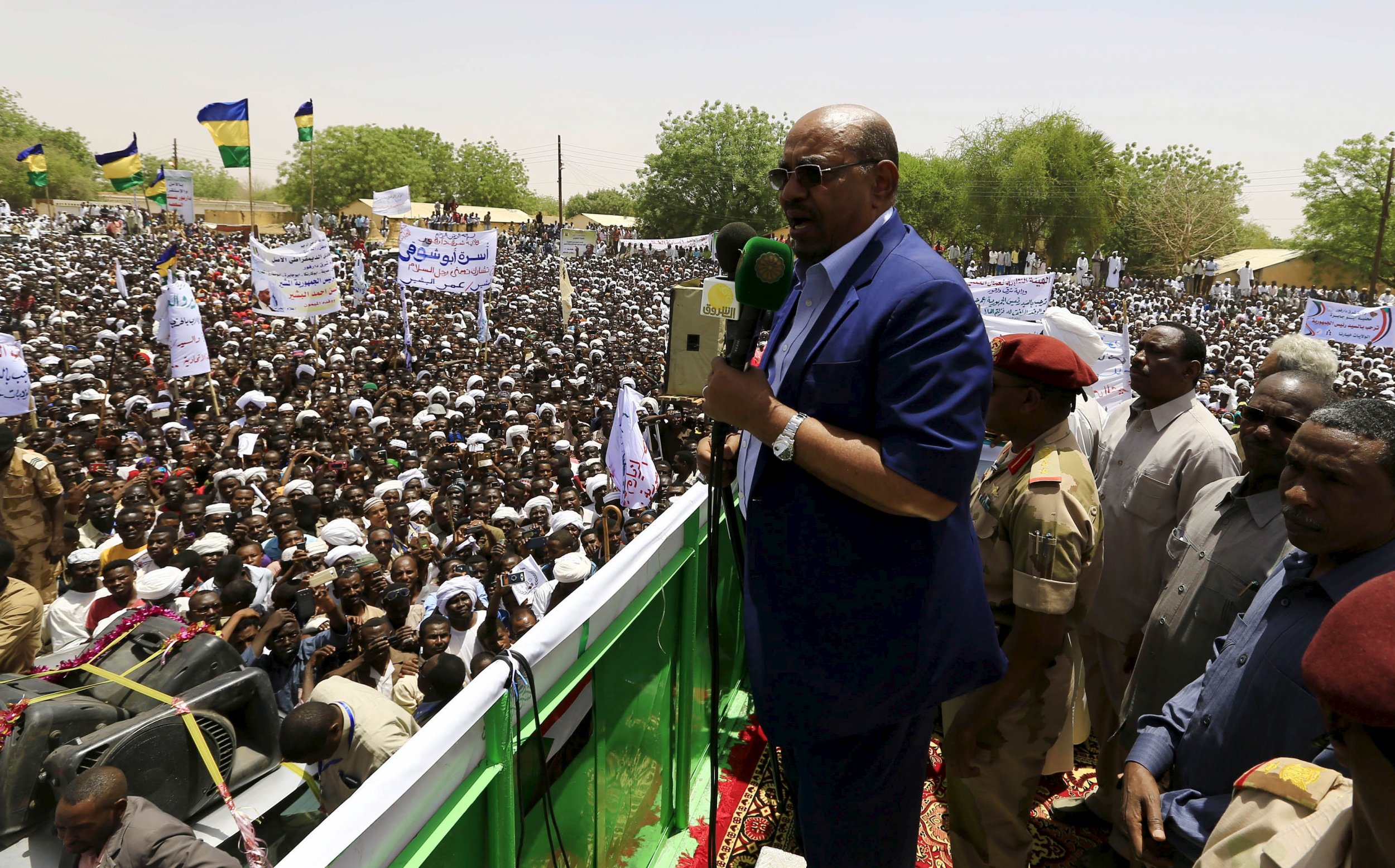 Sudanese President Omar Al-Bashir addresses a rally in East Darfur.