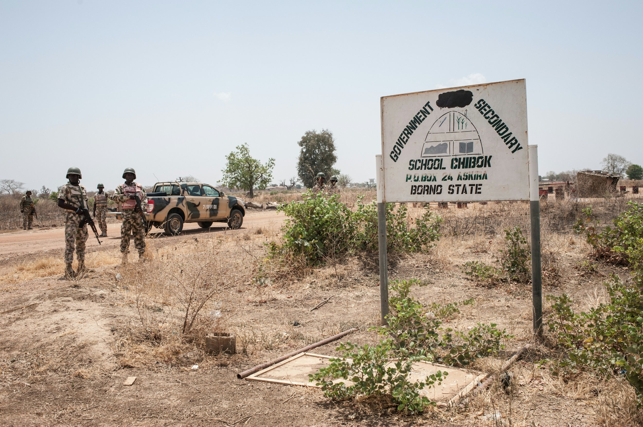 Nigerian soldiers at the Chibok school from where Boko Haram abducted 276 schoolgirls in April 2014.