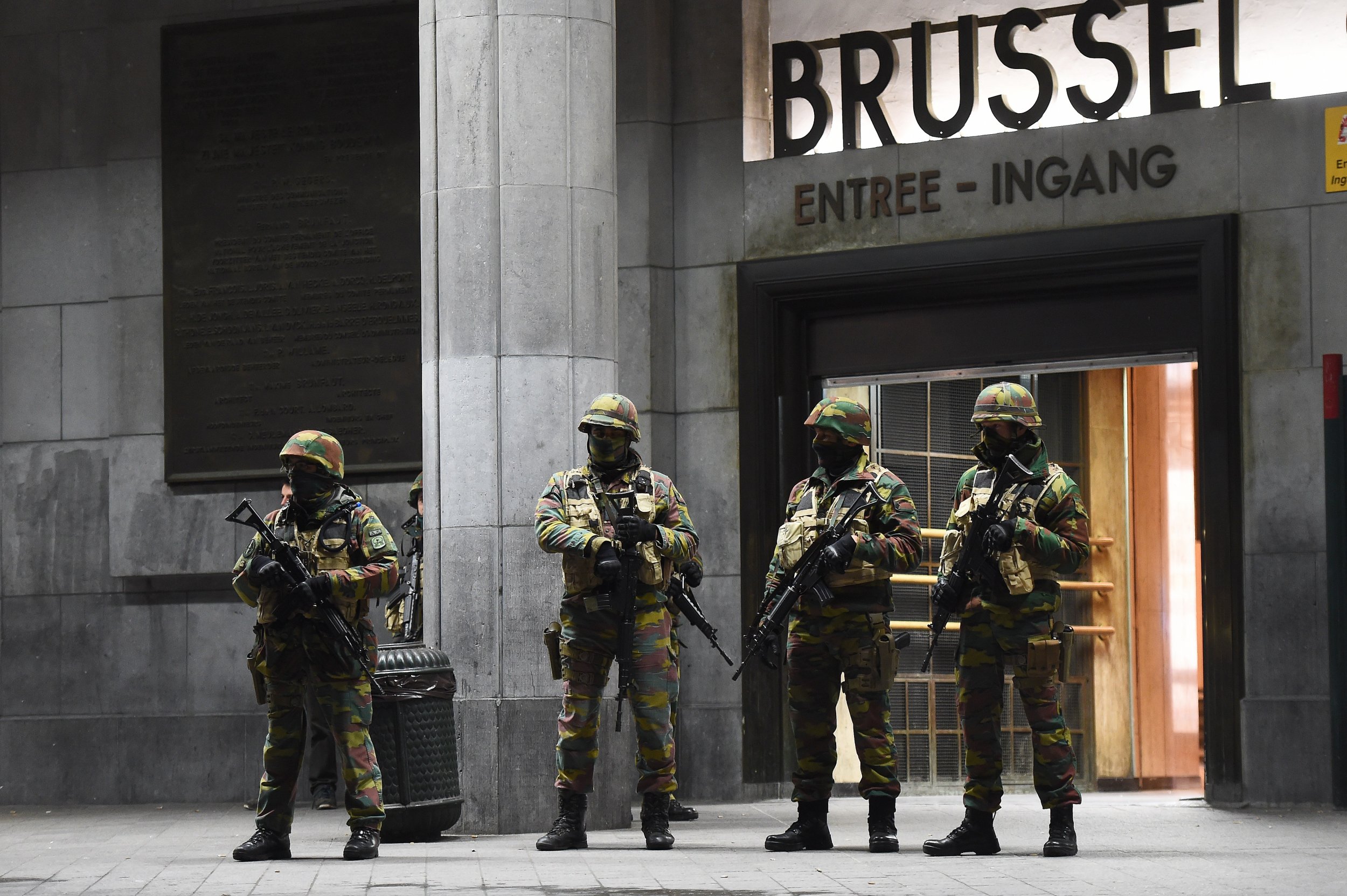 Belgian police guard the central Brussels train station.