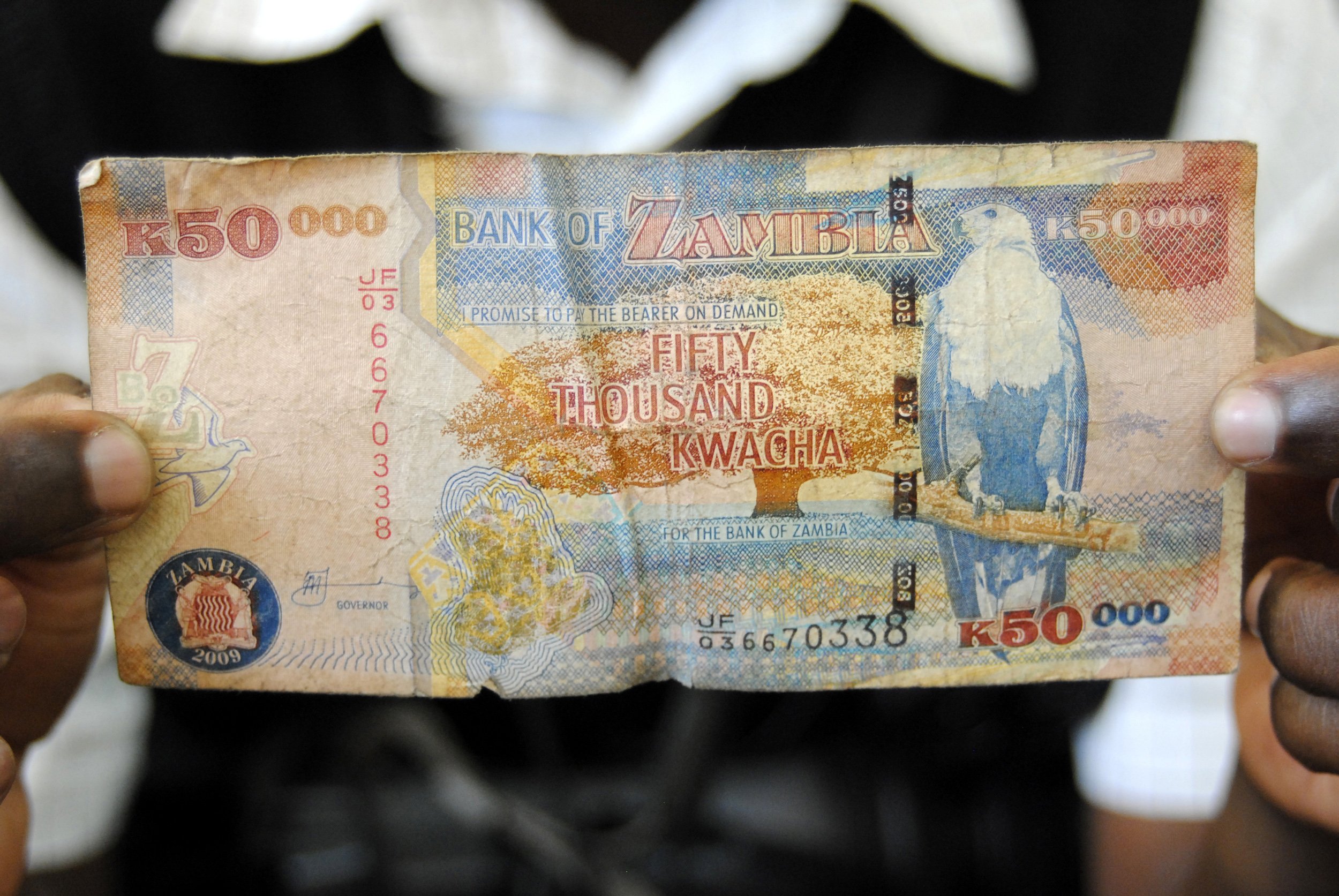 A 50,000 Kwacha note is seen in Lusaka, Zambia.