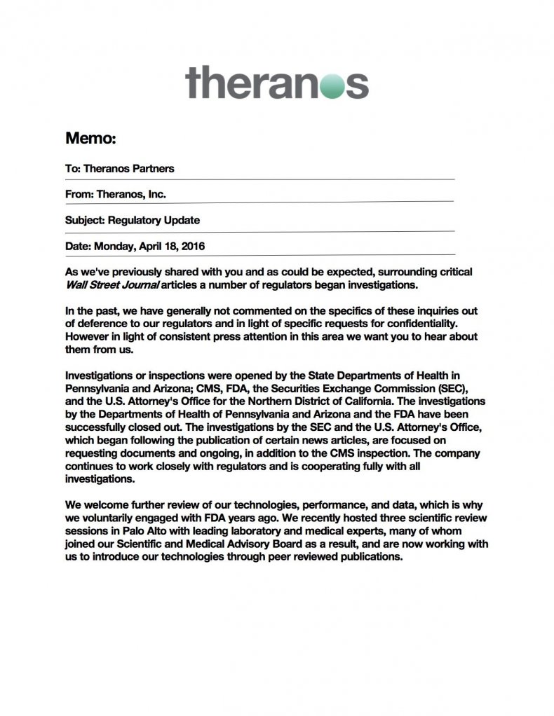 Theranos Memo to Partners