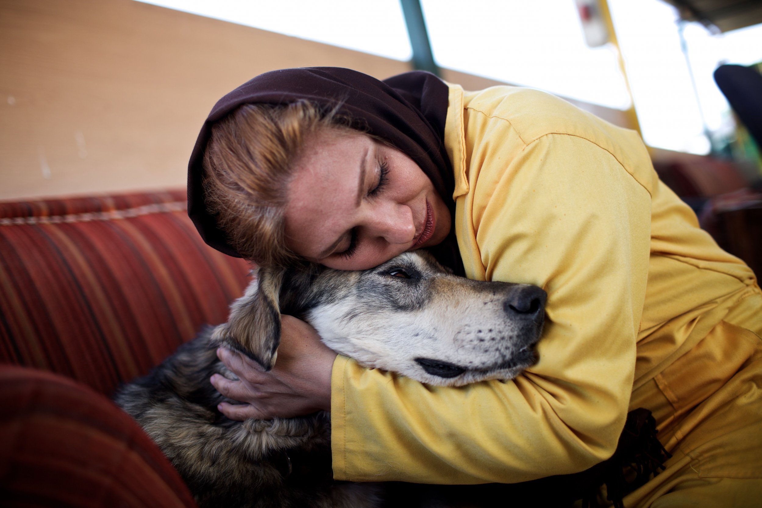 Iranian volunteer hugs dog.