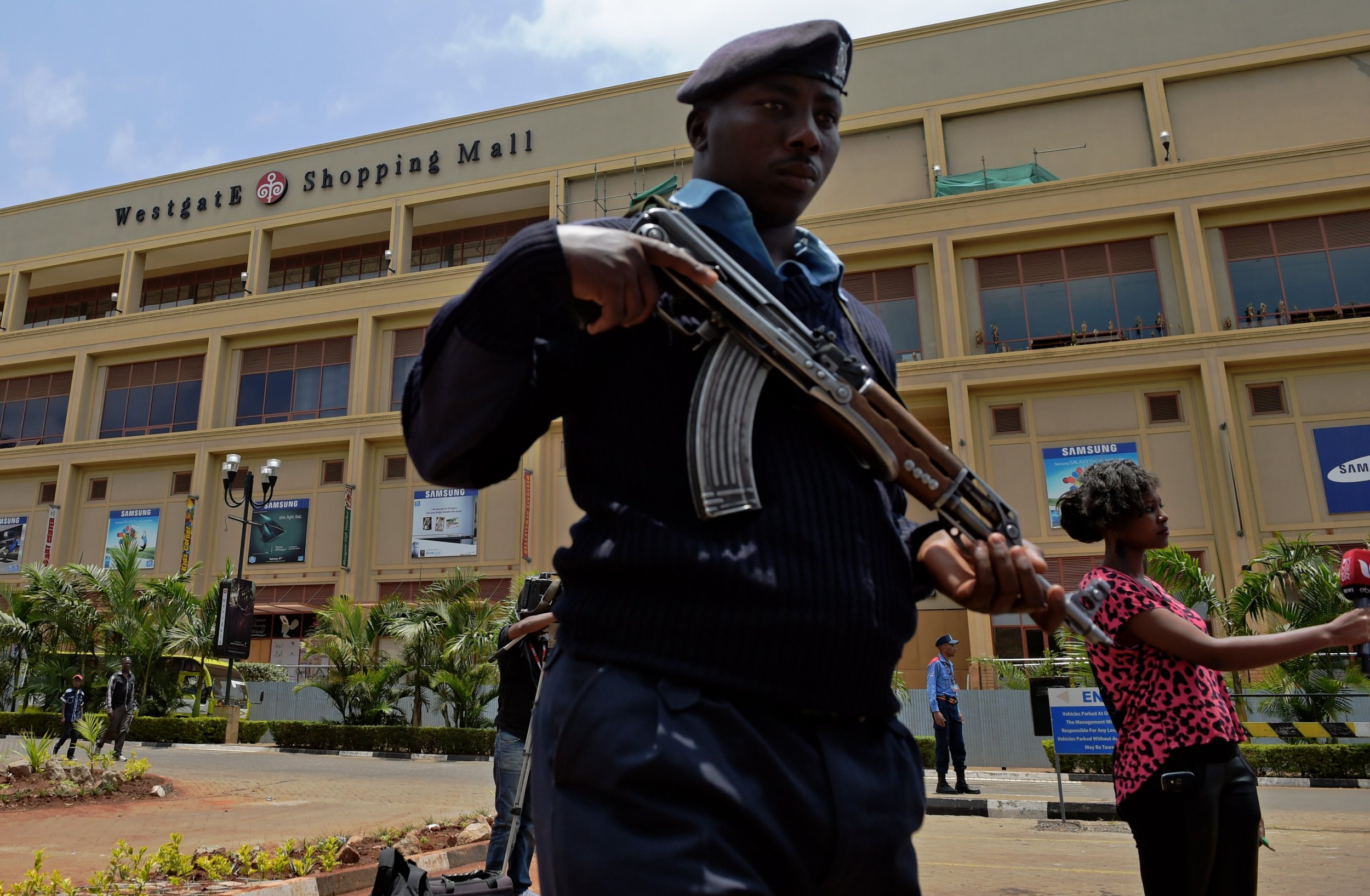 Kenyan police patrol outside Westgate