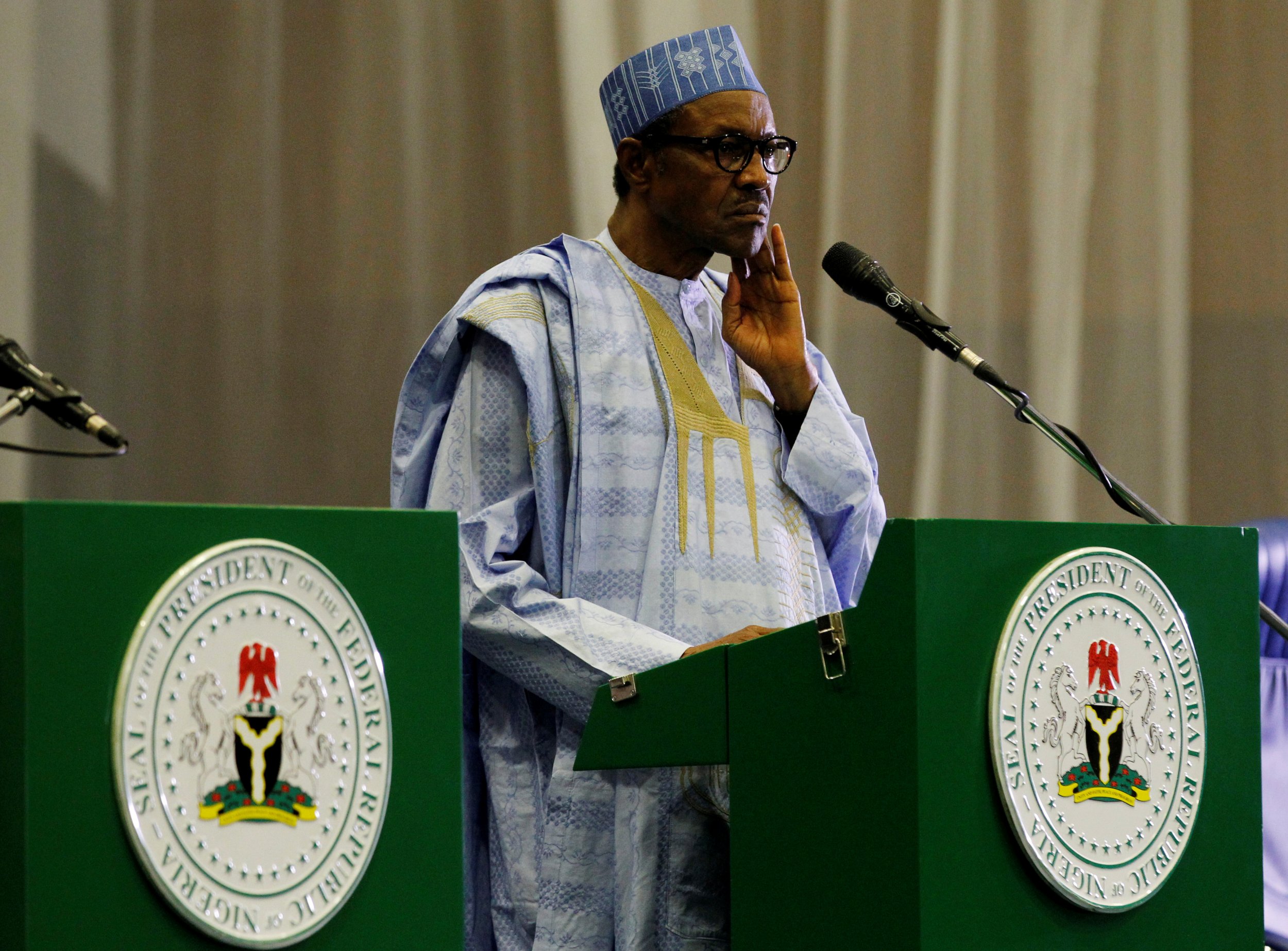 Nigerian President Muhammadu Buhari speaks at a news conference