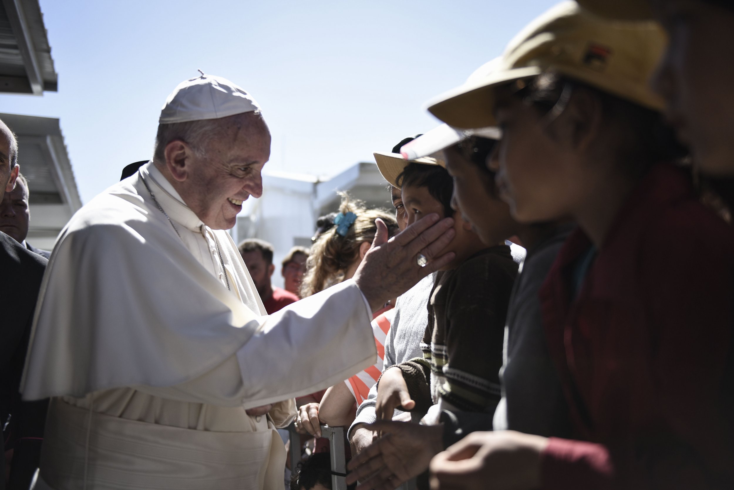 Pope Francis meets migrants in Lesbos.