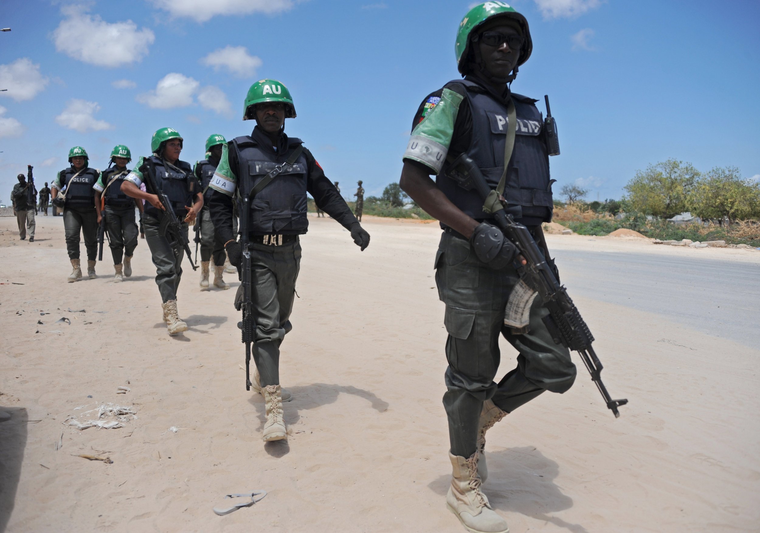 AMISOM soldiers patrol in Mogadishu