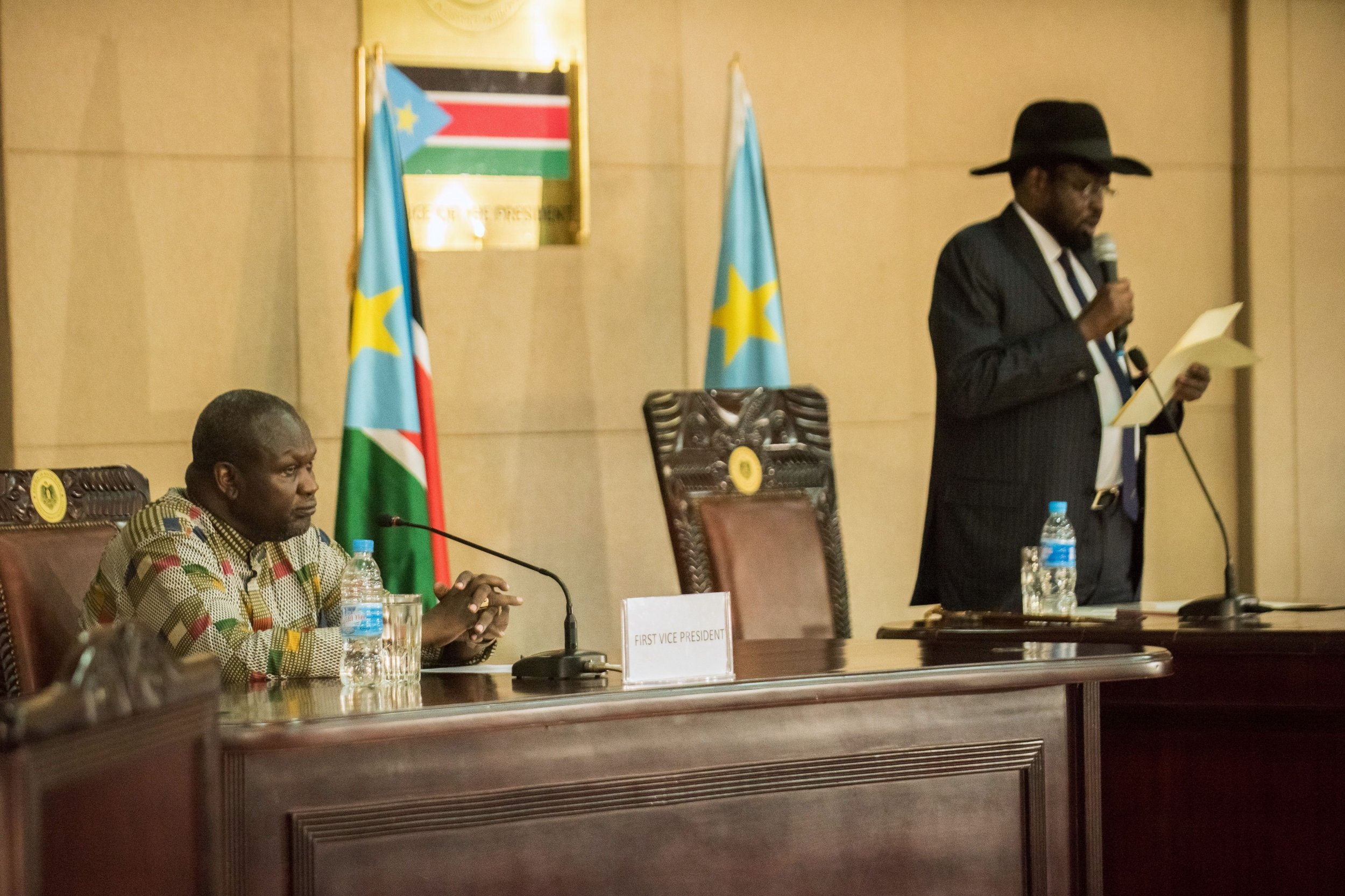 South Sudan President Salva Kiir speaks as Riek Machar sworn in