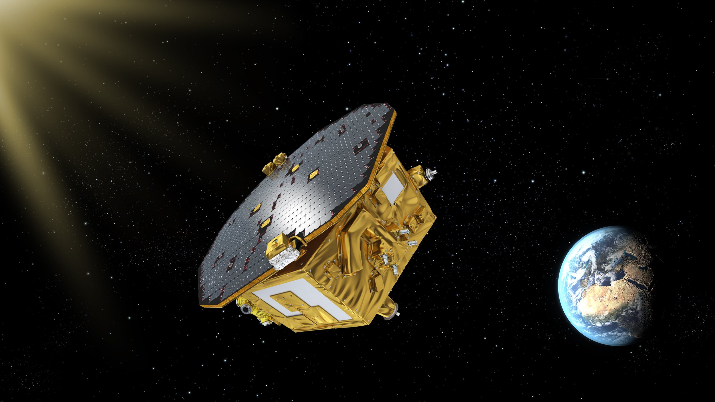 An artist's rendition of the LISA Pathfinder ship in space above Earth