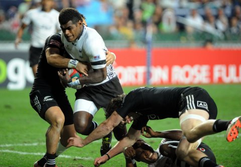 Rugby players of Fiji playing New Zealand