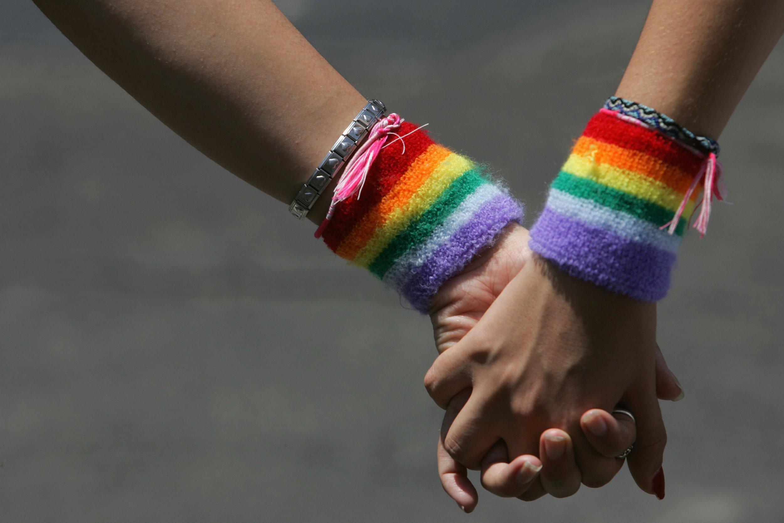 A lesbian couple hold hands