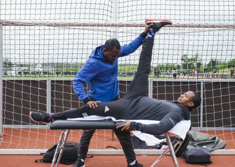 Yohan Blake with his physiotherapist Shaun Kettle