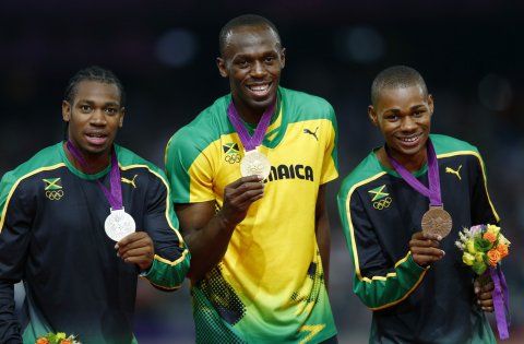 Blake, Bolt and Warren Weir at the 200-meter medal ceremony, London 2012