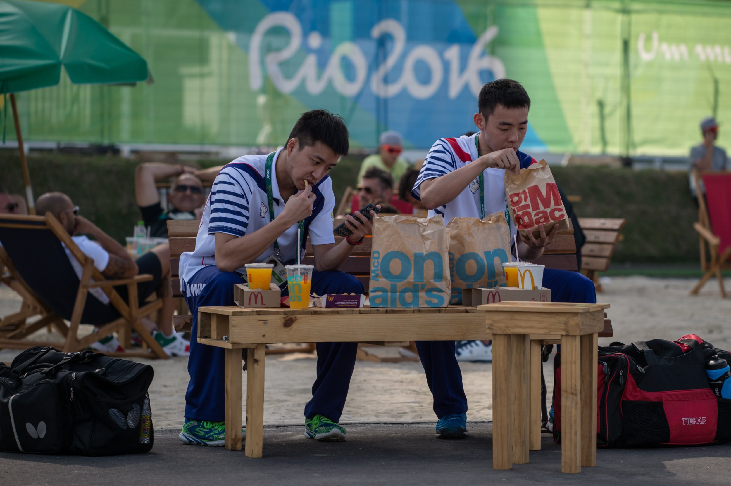 Athletes eating fast food at the Olympics