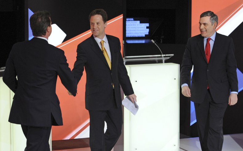 Gordon Brown, David Cameron and Nick Clegg after an election debate