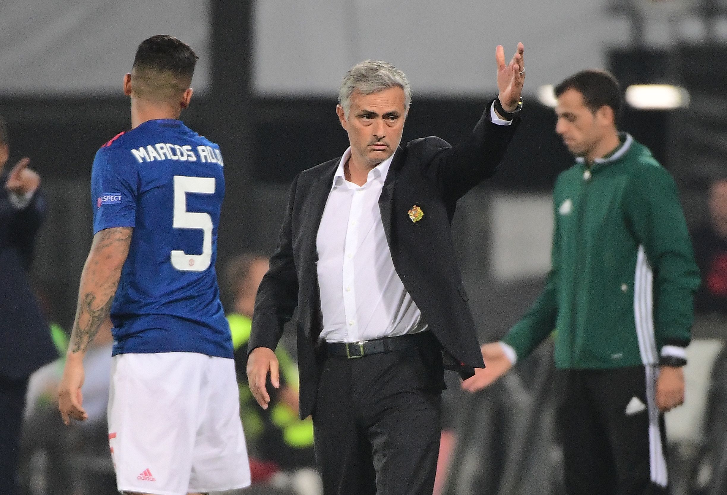 Jose Mourinho, center, at the Feyenoord Stadium, Rotterdam.