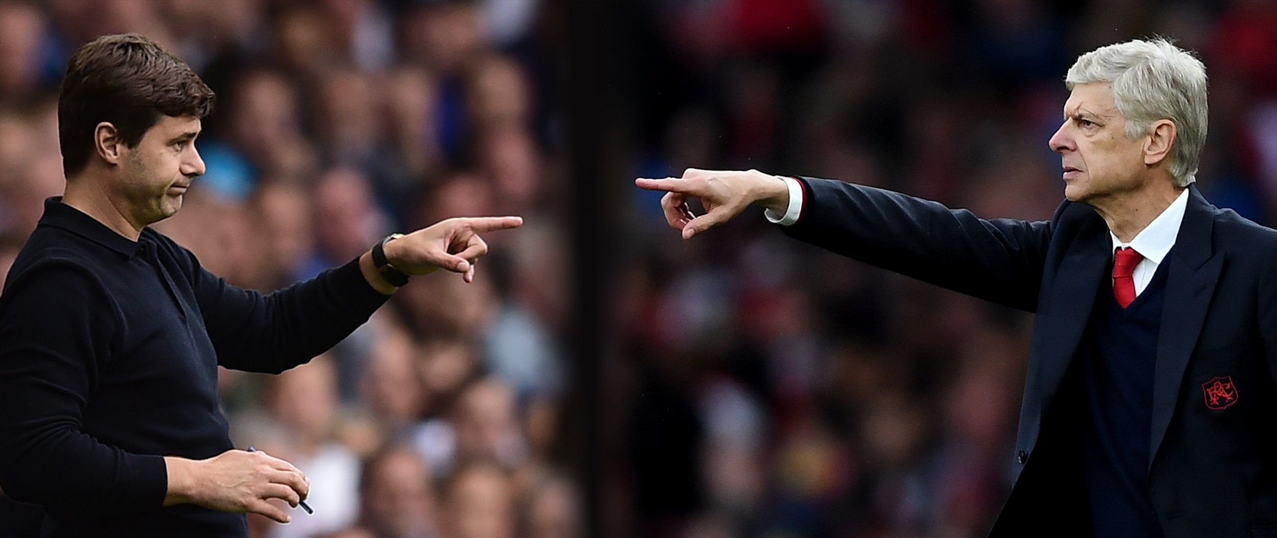 Mauricio Pochettino, Tottenham Hotspur manager, left, with Arsenal manager Arsene Wenger.