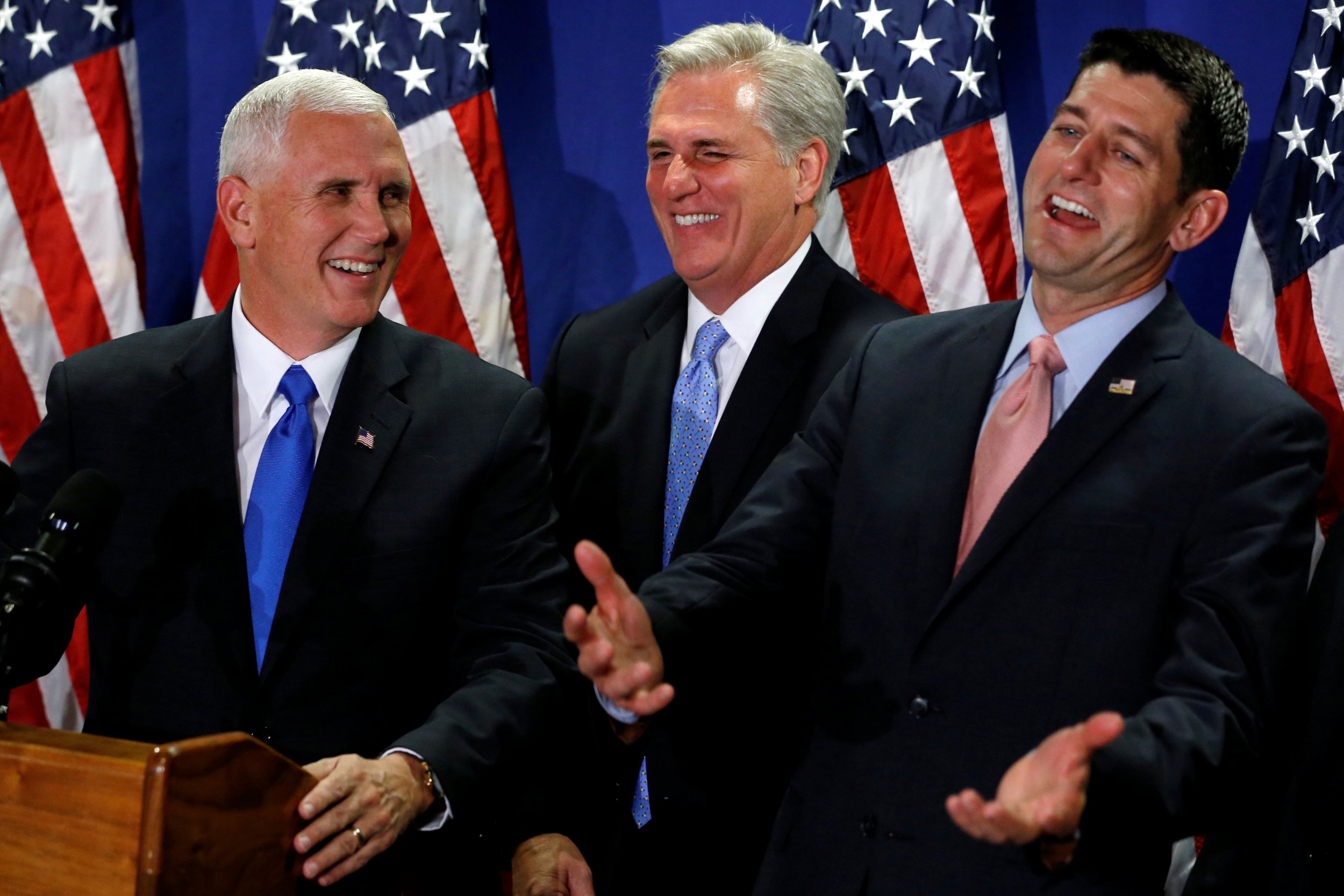 Mike Pence, Kevin McCarthy and Paul Ryan laugh