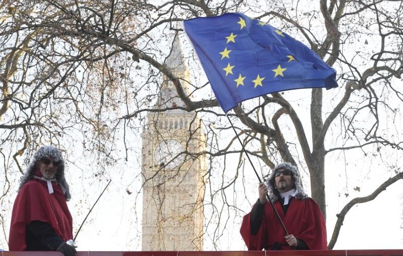 Protesters with an EU flag