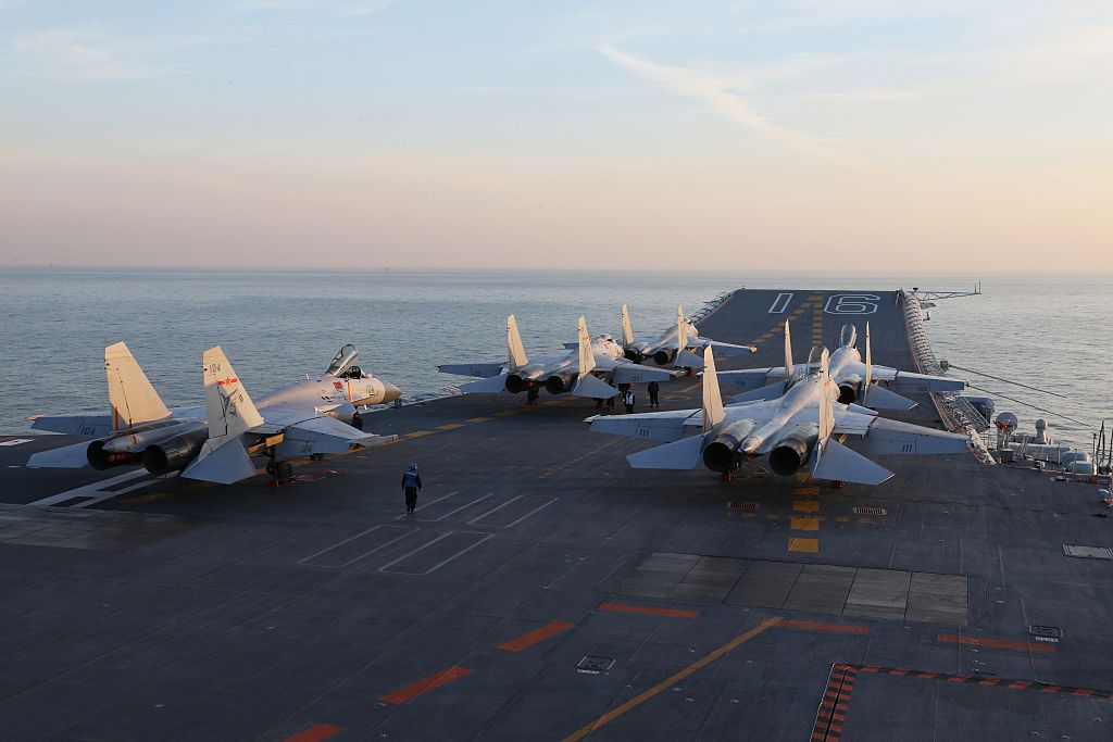 Chinese J-15 fighter jets on the deck of the Liaoning aircraft carrier