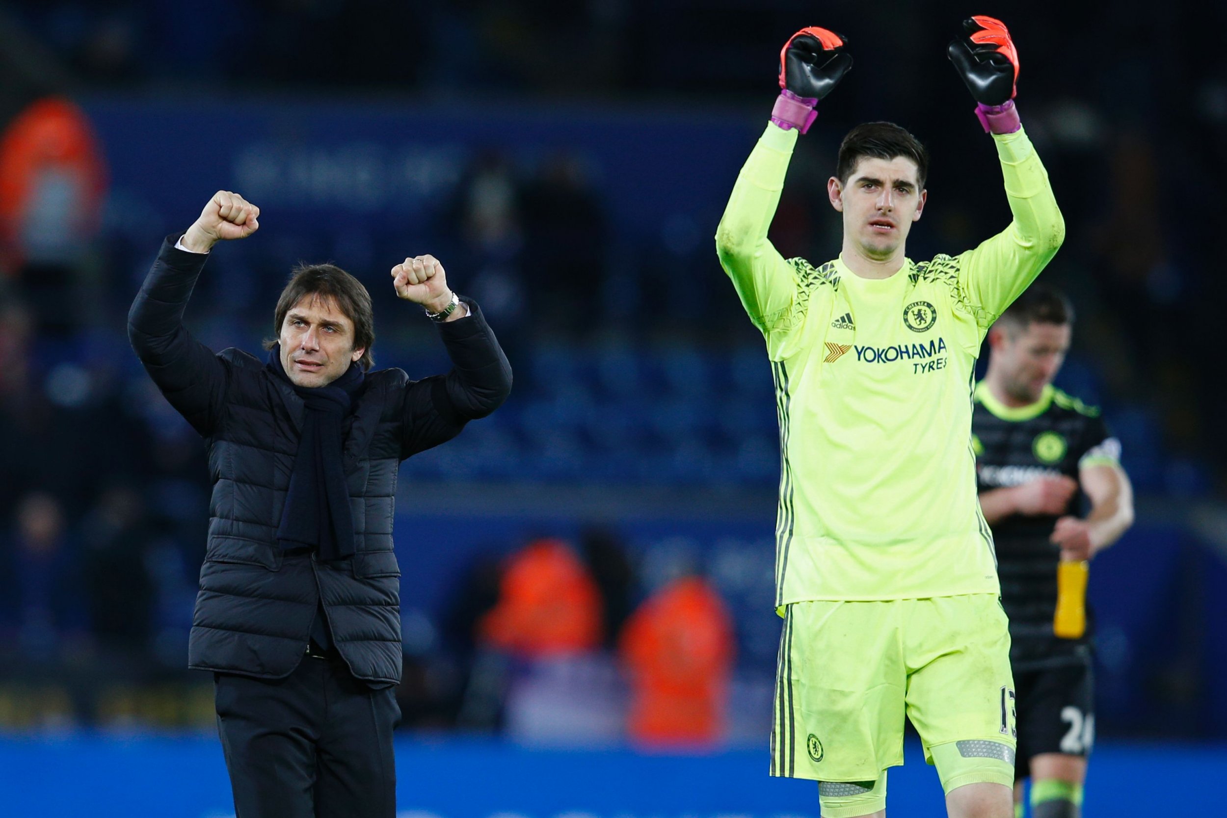 Chelsea goalkeeper Thibaut Courtois, right.