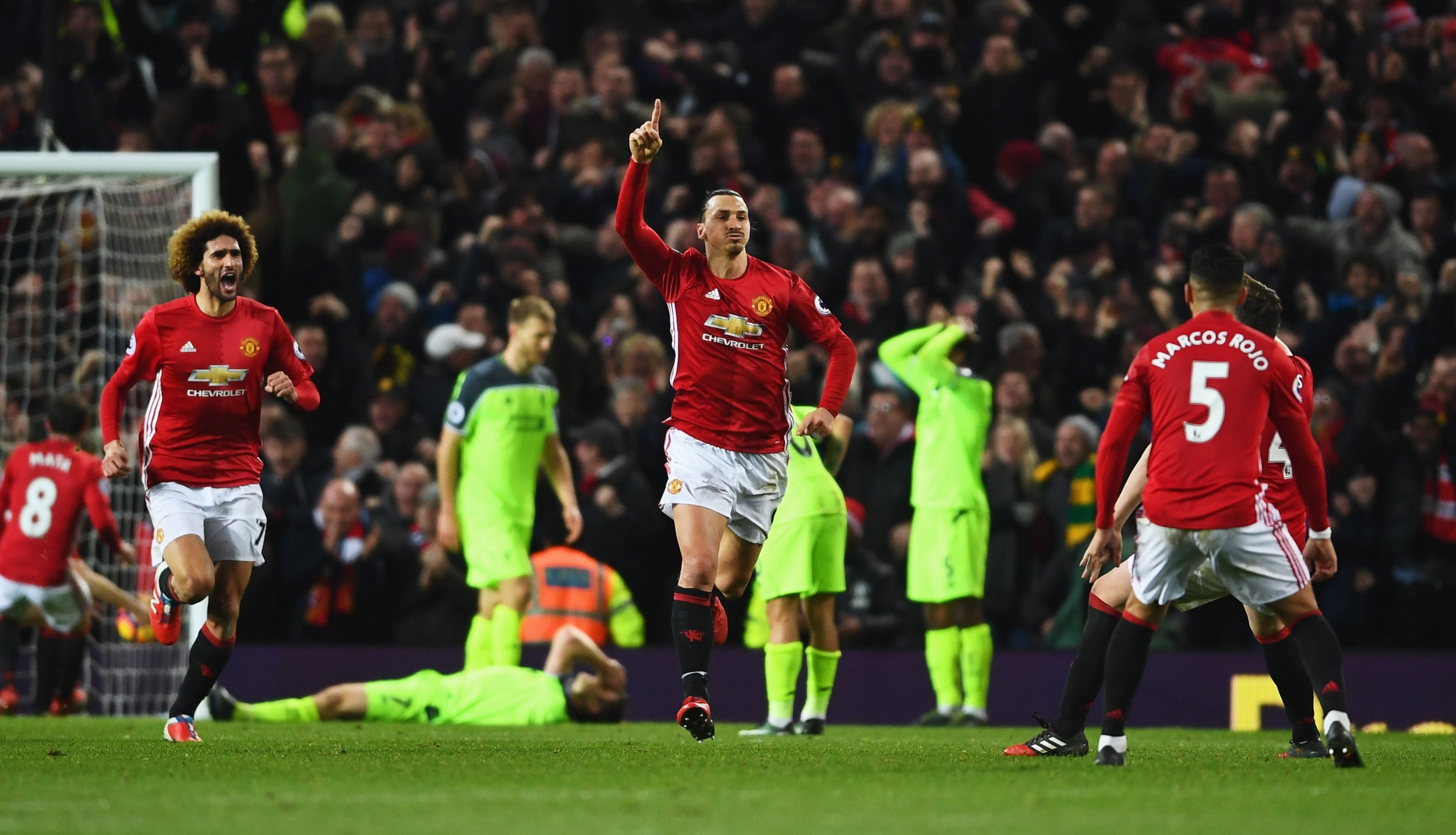 Zlatan Ibrahimovic celebrates scoring for Manchester United