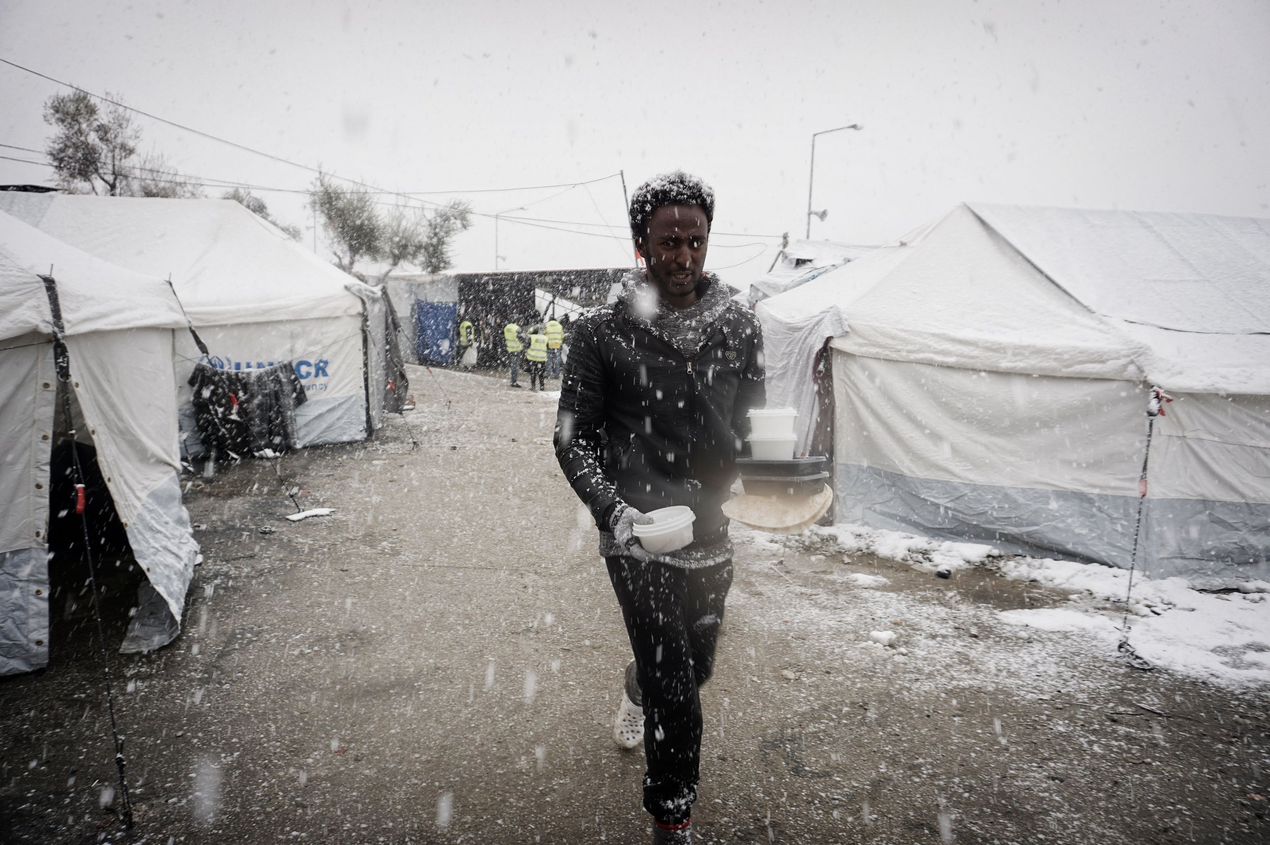 Lesbos migrant camp snow