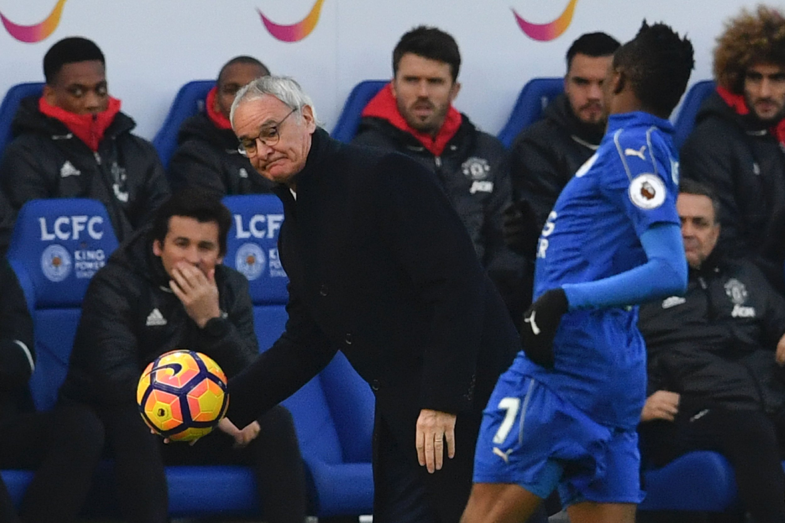 Leicester City manager Claudio Ranieri, left, with Ahmed Musa.